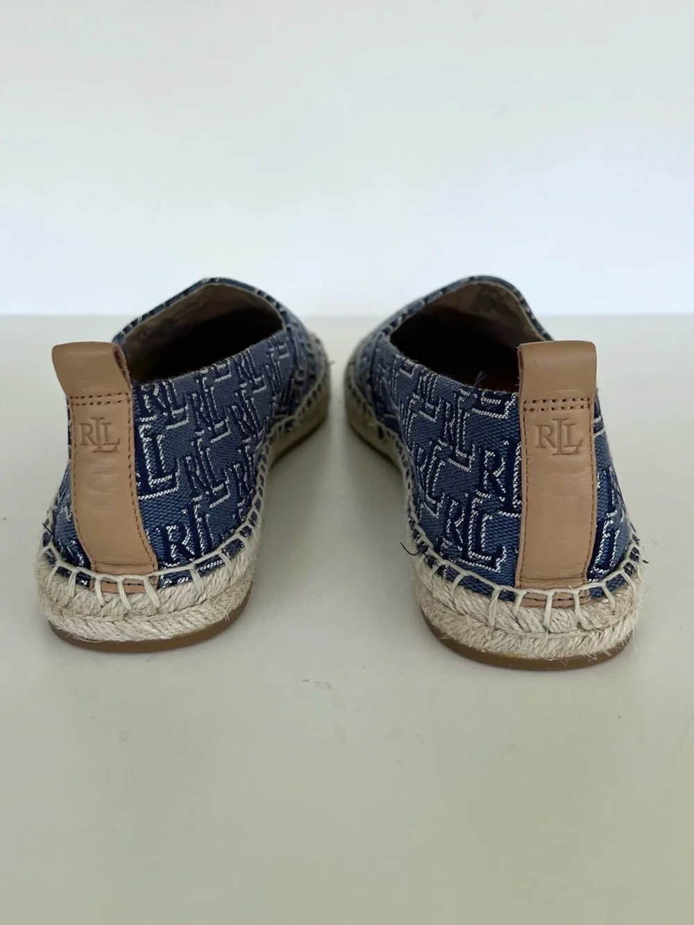 Ralph Lauren LRL Cameryn II Monogram Jacquard Espadrille, Blue/Tan, size 8